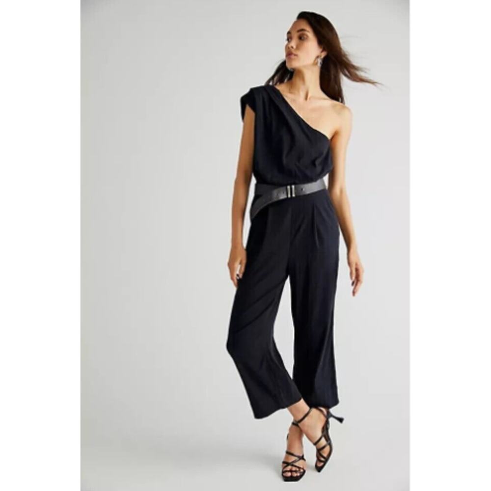 Free People Avery Jumpsuit One Shoulder Gauzy Pockets Straight Leg Ankle Black 4